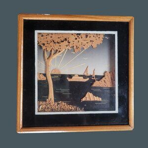 Mixed Media Art Cut Wood & Cork Seascape 5" x 5" Hanging Decor